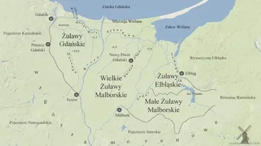 Żuławy Wiślane- podział, na podkładzie map Google