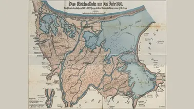 Mapa Żuław H. Bertrama przedstawiająca deltę z około 1300 r.- źródło: Das Weichsel-Nogat-Delta, Hugo Bertram