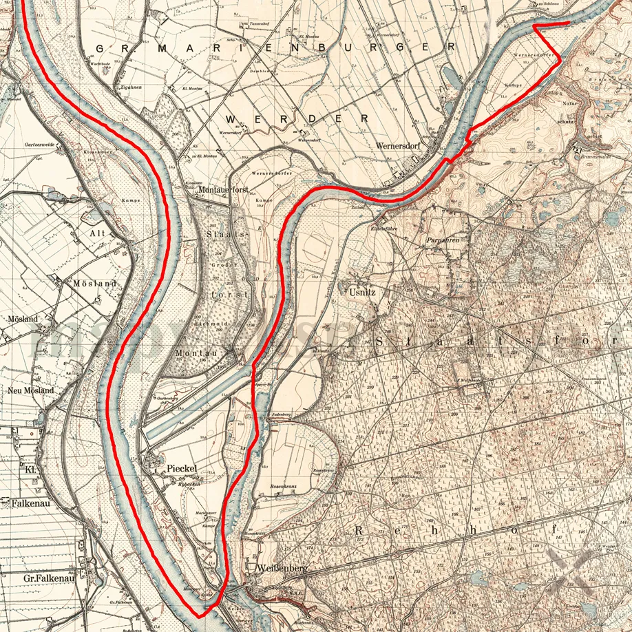 Mapa Messtischblatt i zaznaczona na czerwono granica Wolnego Miasta Gdańska